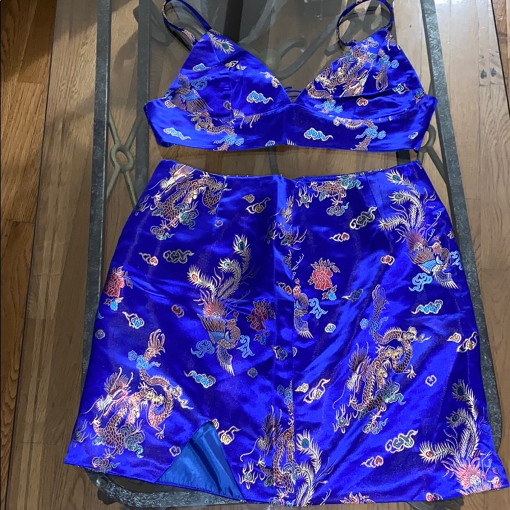 Satin blue two piece dragon print set